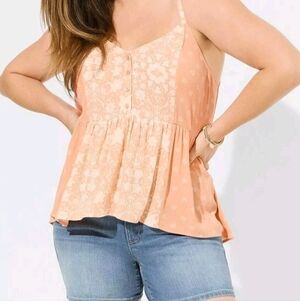 Torrid Crinkle Gauzy Peach Floral Vneck Tank Women's Size 2(16/18)